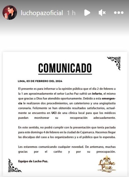 Comunicado oficial publicado en la cuenta de Lucho Paz, dando detalles de su actual estado de salud/Foto: Instagram