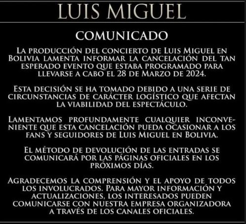 Luis Miguel canceló el único concierto que iba a ofrecer en Bolivia/Foto: Instagram
