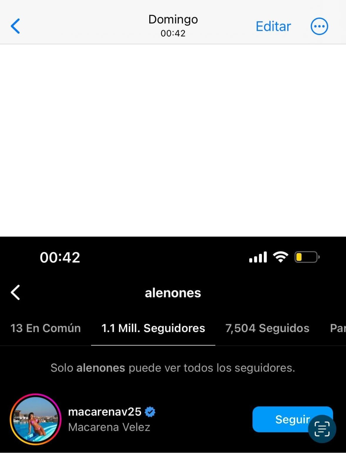 Alejandro Nones sigue a Macarena Vélez en Instagram. Fuente: RicLaTorre
