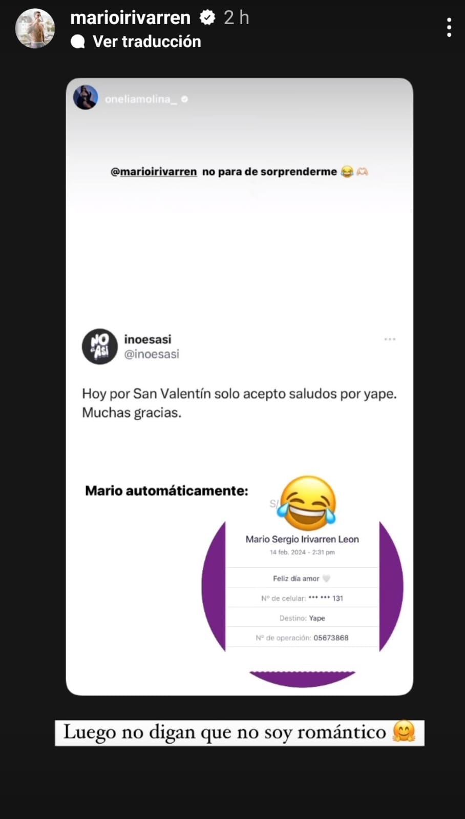 Yapeo de Mario Irivarren a Onelia Molina por San Valentín. Fuente: Instagram
