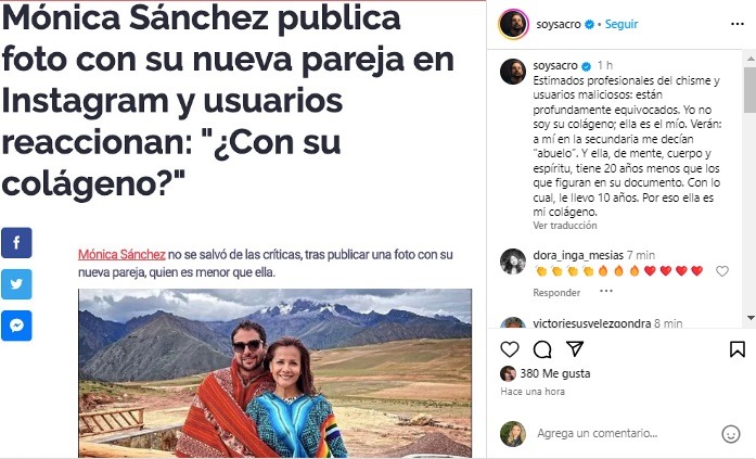 Mensaje de Daniel Sacroisky en defensa de Mónica Sánchez. Fuente: Instagram