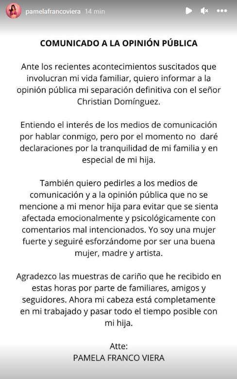Pamela Franco anunció su separación de Christian Domínguez tras infidelidad del cantante / Instagram
