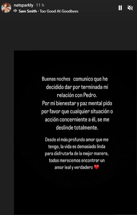 Comunucado de Nathaly Sánchez anunciando el fin de su relación con Pedro Loli/ Foto: Instagram