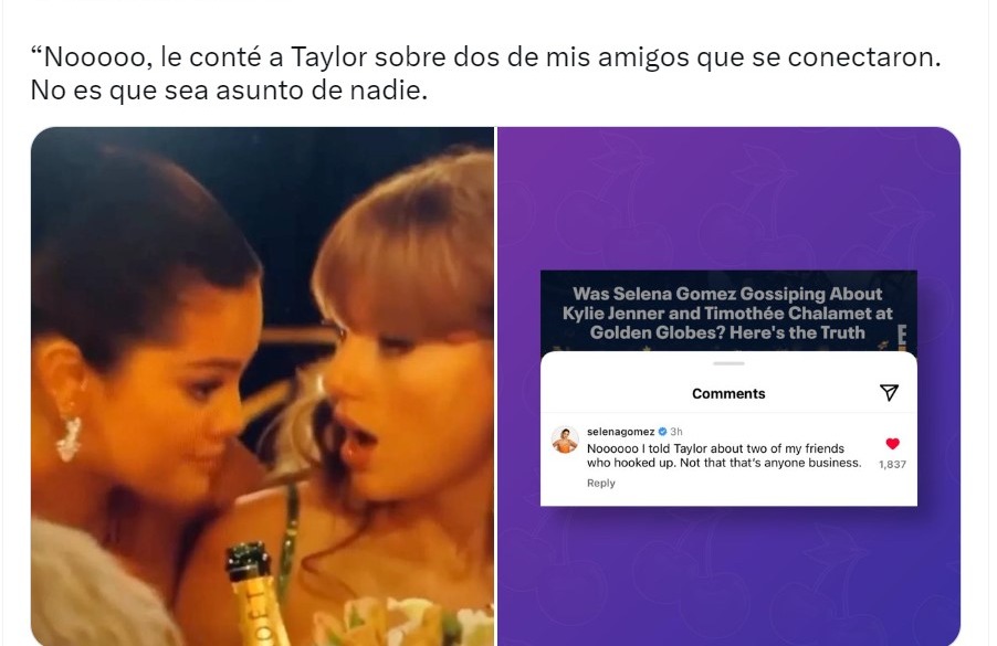 Selena Gómez puso fin a las especulaciones en torno a lo que le comentó a Taylor Swift en la gala de los Golden Globe/Foto: X