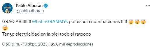 Pablo Alborán emocionado en Twitter tras sus cinco nominaciones al Latin Grammy 2023 