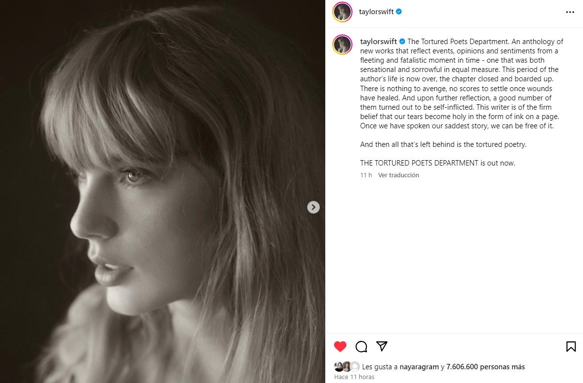 Taylor Swift lanzó su nuevo disco 'The Tortured Poets Department’ / Instagram