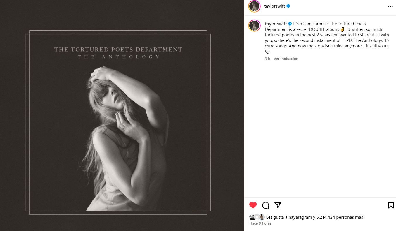 Taylor Swift reveló a sus fanáticos que su nuevo trabajo es un álbum doble / Instagram