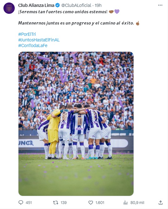 Alianza Lima publica mensaje tras fiesta de jugadores. Foto: X (Twitter)