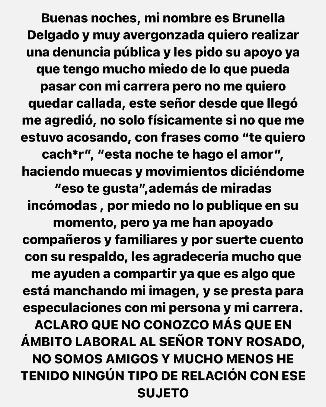 Denuncia pública contra Tony Rosado de Brunella Delgado/Foto: Instagram