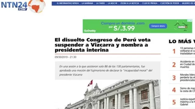 Disuelto Congreso designó a Aráoz como presidenta y así informó la prensa internacional