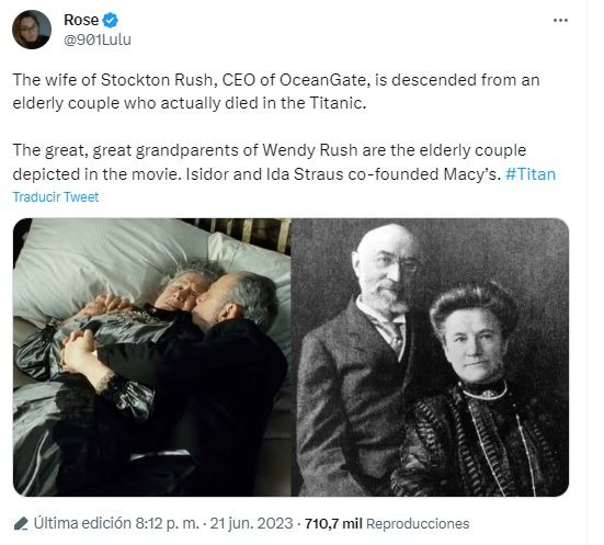 Esposa del piloto del submarino desaparecido es tataranieta de pareja que murió en el Titanic 
