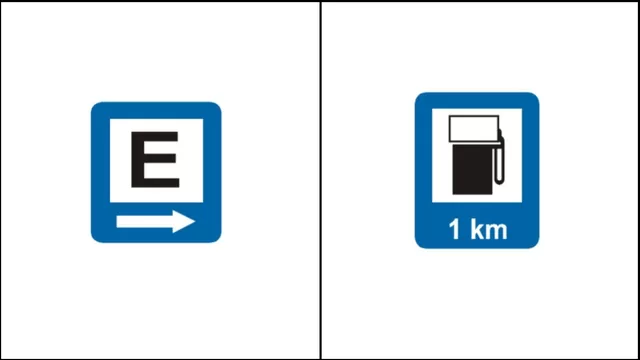 Señal de área de estacionamiento y señal de servicio de gasolina. (Fuente: MTC)
