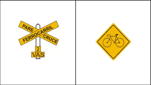 Señal de cruce a nivel con línea férrea sin barreras / Señal de ciclovía. (Fuente: MTC)