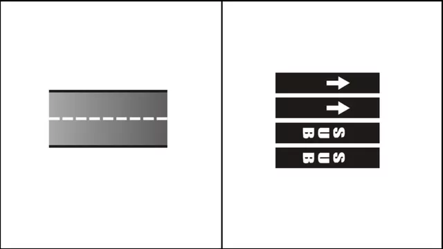 Línea de carril que indica división de carriles. / Demarcadores de palabras y símbolos. (Fuente: MTC) 