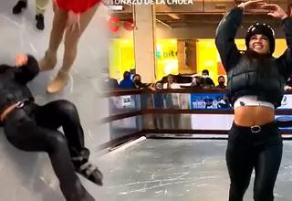 Angie Arizaga sufrió bochornosa caída en plena clase de patinaje sobre hielo junto a "Choca" Mandros