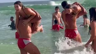 Flavia Laos vivió bochornoso momento por broma pesada de Fabio Agostini en lanzarse en las playas de Brasil