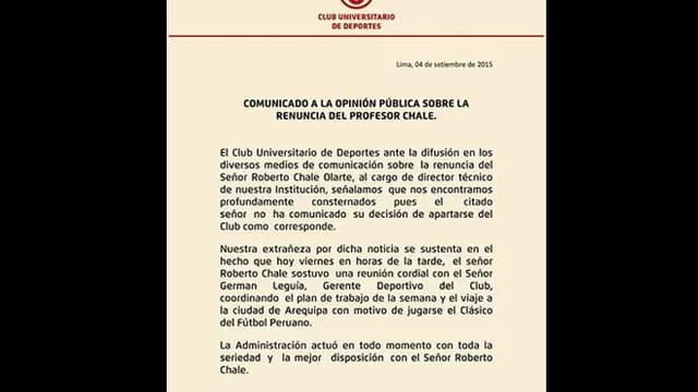 Universitario emitió un comunicado sobre la renuncia de Roberto Chale-foto-1