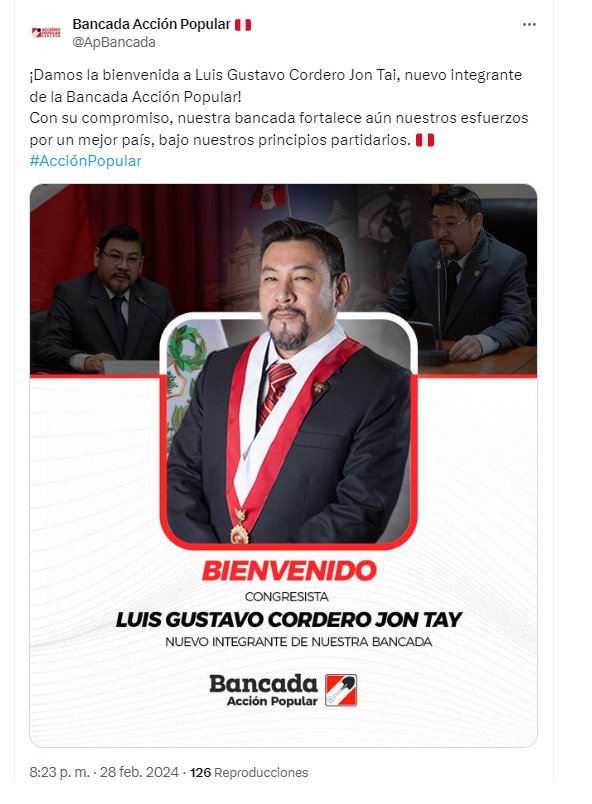 Acción Popular anunció a Luis Cordero Jon Tay como su nuevo integrante de bancada