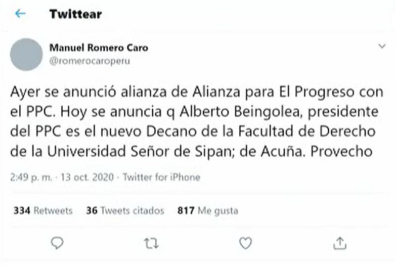 Beingolea negó haber trabajado para César Acuña: "Es una gran mentira"