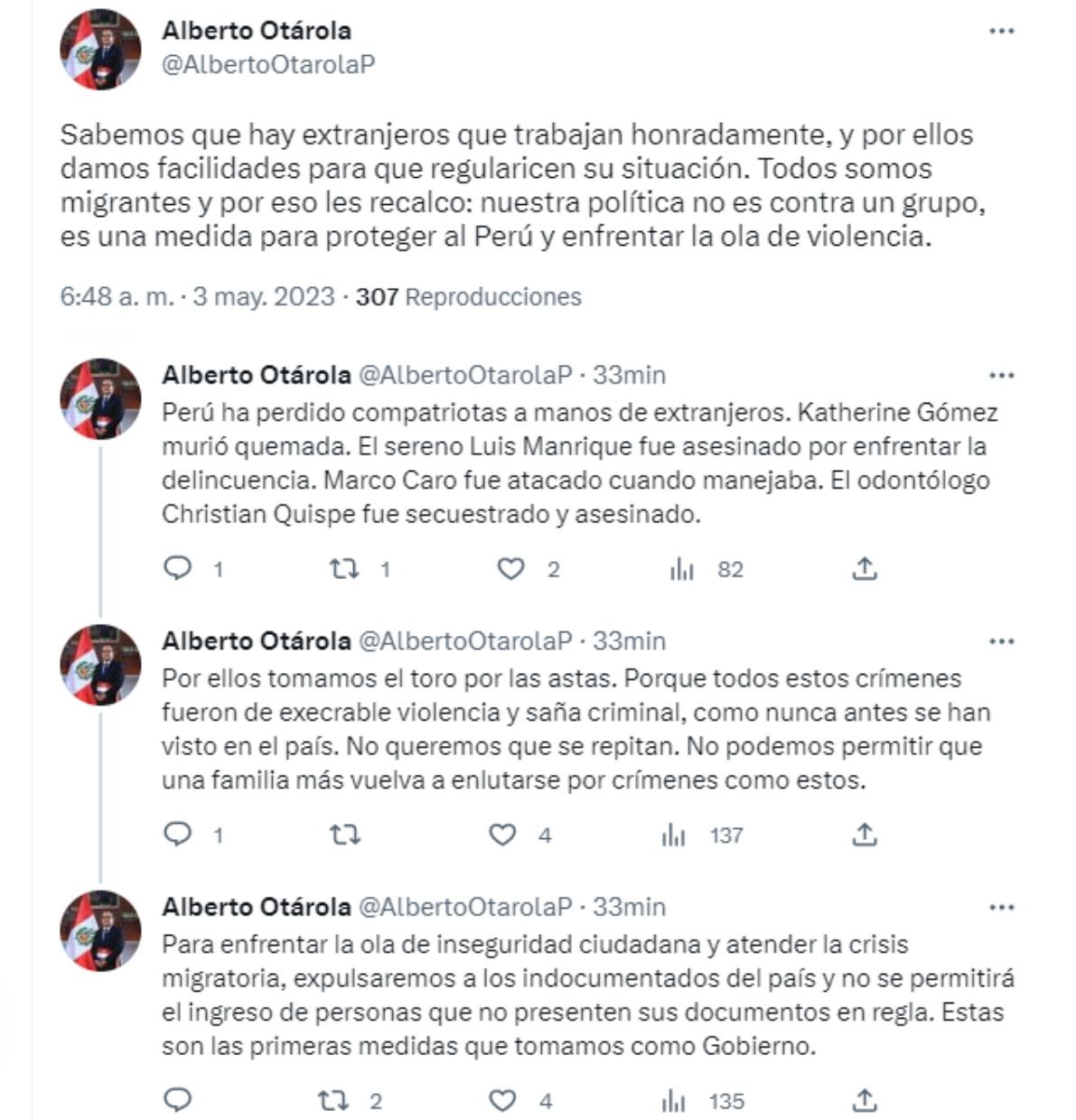Publicaciones realizadas por el Premier Otárola en sus redes sociales / Twitter: Alberto Otárola