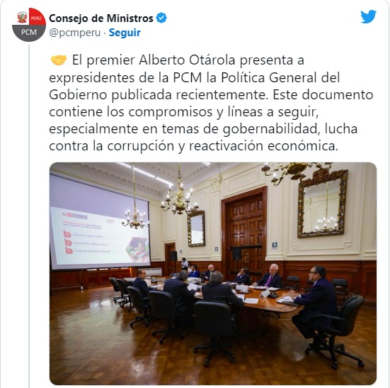 Otárola mantiene reunión con ex jefes de Gabinete en sede de PCM