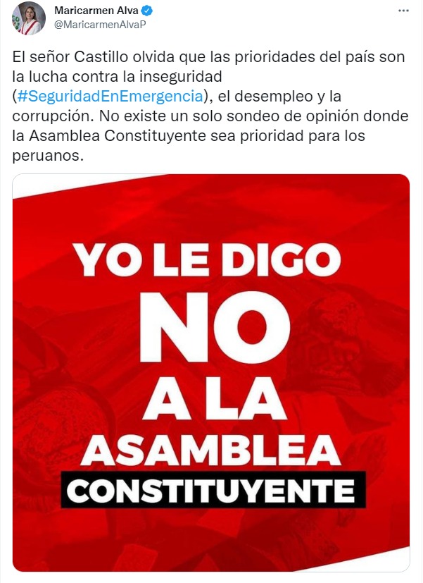 Alva en contra de la Asamblea Constituyente: "No existe un solo sondeo de opinión donde sea prioridad para los peruanos"