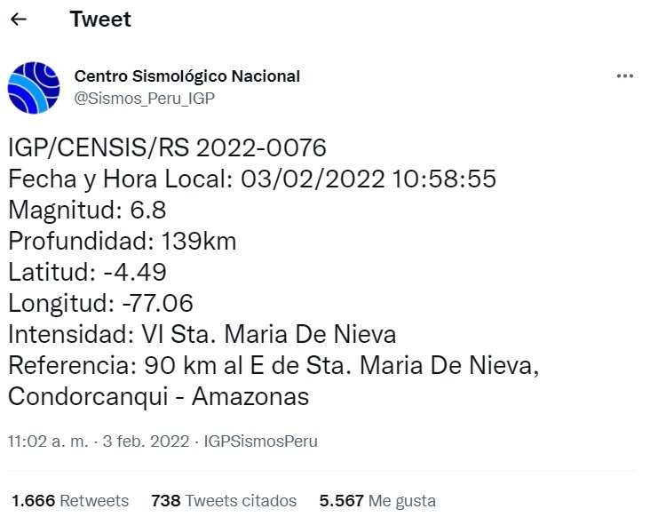 Amazonas: Se registró sismo de magnitud 6,8 