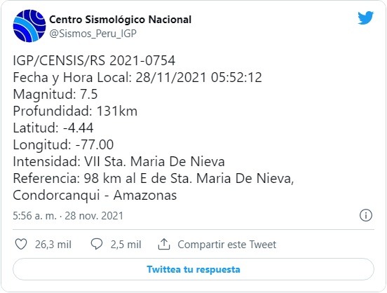 Amazonas: Terremoto de 7.5 se registró en Condorcanqui