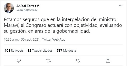 Aníbal Torres: Estamos seguros que en la interpelación de Iber Maraví el Congreso actuará con objetividad