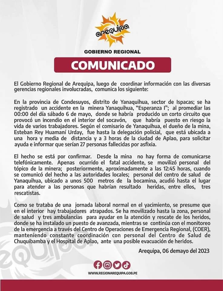 Comunicado emitido desde el GORE Arequipa / Fuente: Gobierno Regional de Arequipa