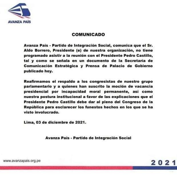 Avanza País no acudirá a reunión que anunció Pedro Castillo con líderes de partidos del Congreso