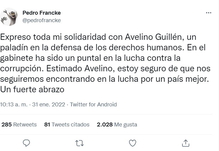 Francke: Expreso toda mi solidaridad con Avelino Guillén, paladín en defensa de derechos humanos