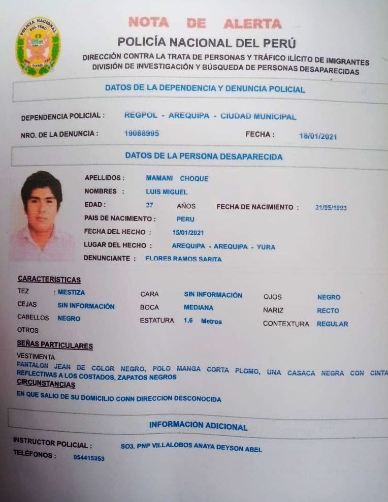 Ayúdalos a volver: Buscan a joven desaparecido en el distrito de Yura, Arequipa