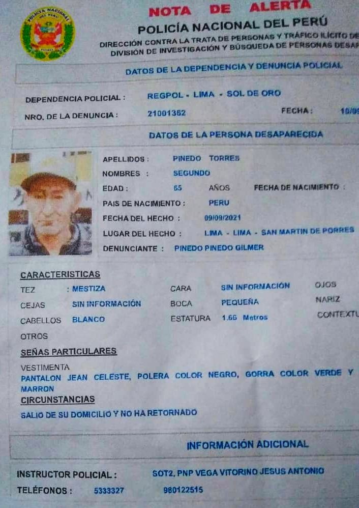 Ayúdalos a volver: Hombre de 65 años desapareció en San Martín de Porres