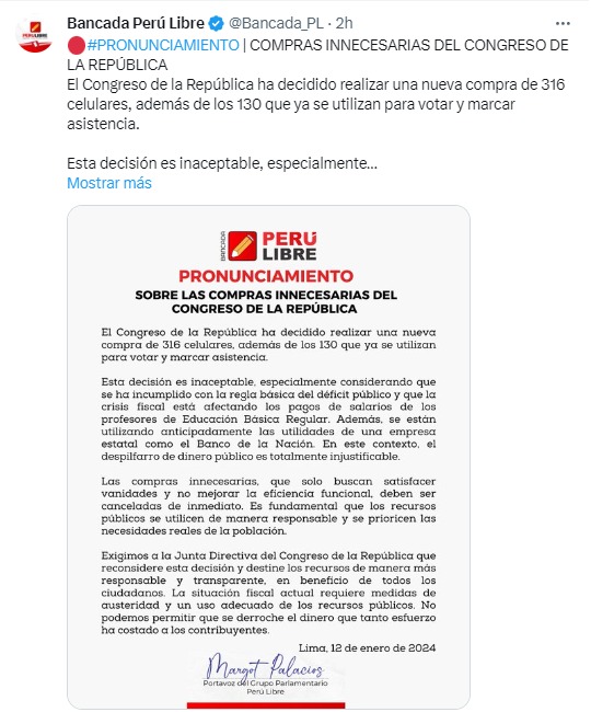 Bancada Perú Libre rechaza compras de celulares en el Congreso