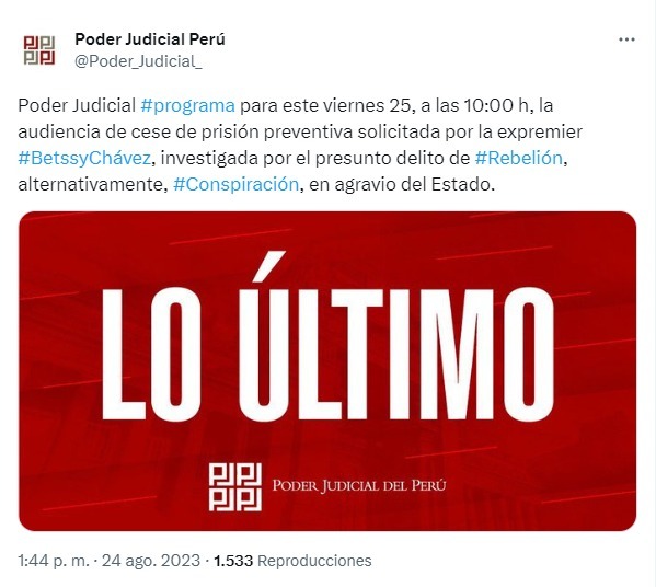Betssy Chávez: Poder Judicial evaluará mañana su pedido para cesar su prisión preventiva