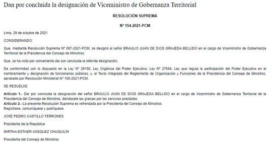 Braulio Grajeda fue removido de viceministerio de la PCM
