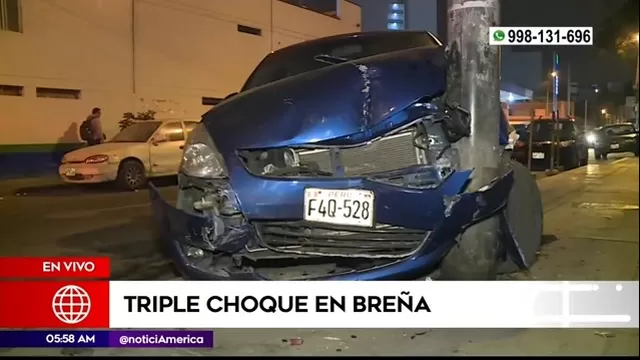 Breña: Auto quedó empotrado en poste tras ser impactado por camioneta
