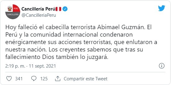Cancillería tras muerte de Abimael: Posición del Perú ante el terrorismo es de total condena