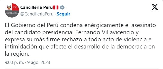 Cancillería peruana condenó asesinato de candidato presidencial en Ecuador