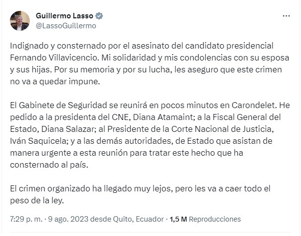 Cancillería peruana condenó asesinato de candidato presidencial en Ecuador