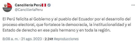 Cancillería peruana felicitó al Gobierno y al pueblo de Ecuador tras elecciones presidenciales 