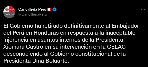 Ministerio de Relaciones Exteriores retira indefinidamente a embajador peruano en Honduras