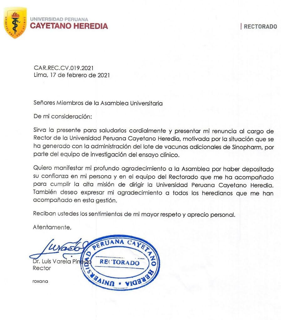 VacunaGate: Rector y vicerrectores de Universidad Cayetano Heredia renunciaron a sus cargos