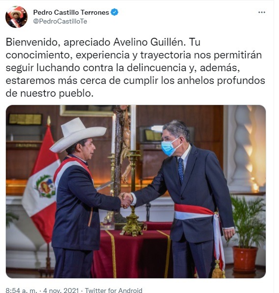 Castillo a Avelino Guillén: Tu conocimiento y trayectoria nos permitirán seguir luchando contra la delincuencia 