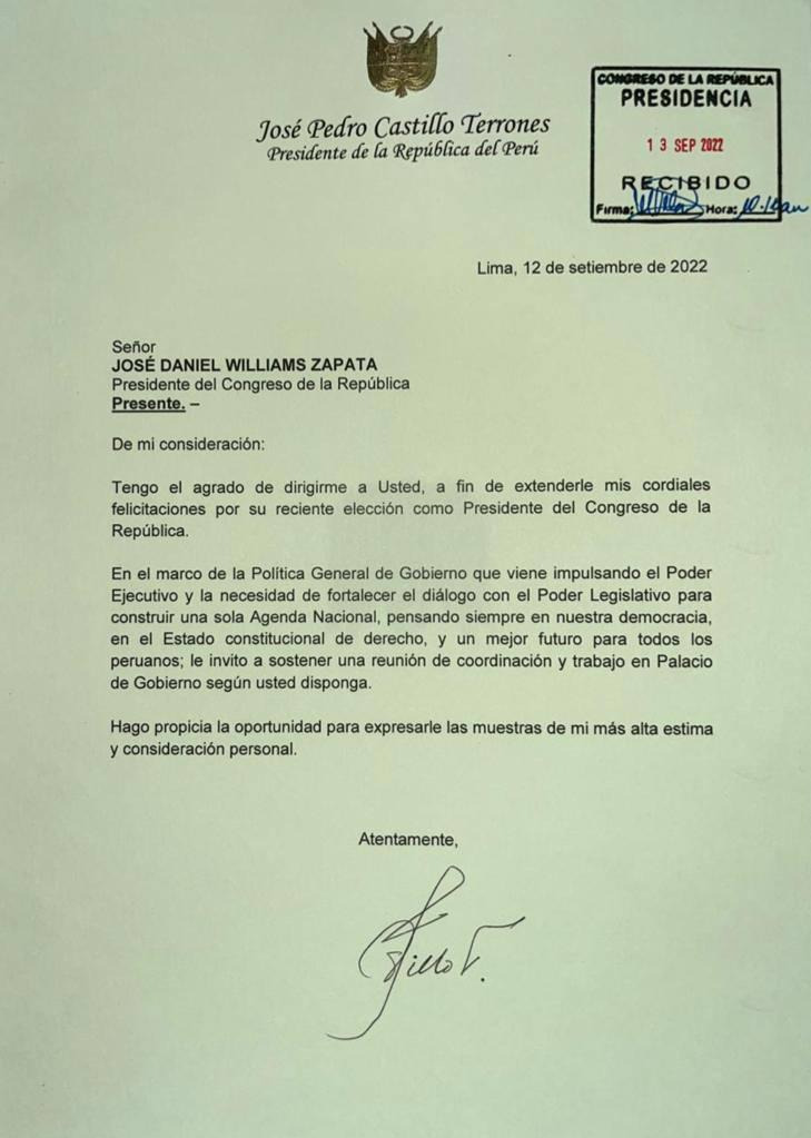 Castillo invitó a José Williams a Palacio de Gobierno para dialogar