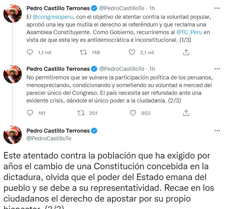 Castillo: Ley de referéndum es antidemocrática e inconstitucional