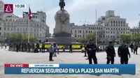 Contingente policial resguarda la Plaza San Martín en el Centro de Lima
