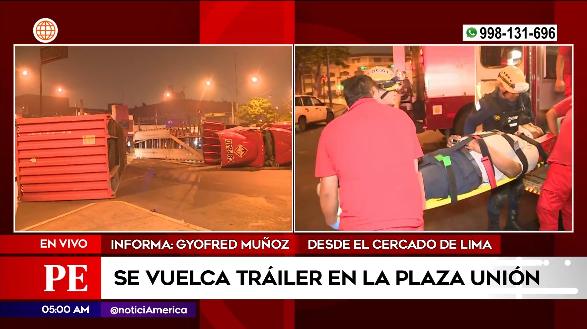 Tráiler se volcó en Plaza Unión. Foto: América Noticias