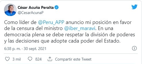 César Acuña sobre Iber Maraví: “Anuncio mi posición en favor de la censura del ministro”